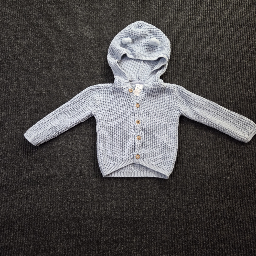Carter's Bear Ears Blue Knit Baby Sweater with Wooden Buttons 100% Cotton 12m
